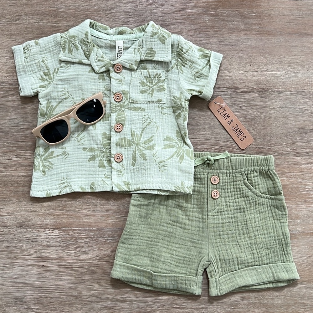 Liam James Baby Boy 3 Piece Set Cotton Top Shorts Sunglasses 3-6 months